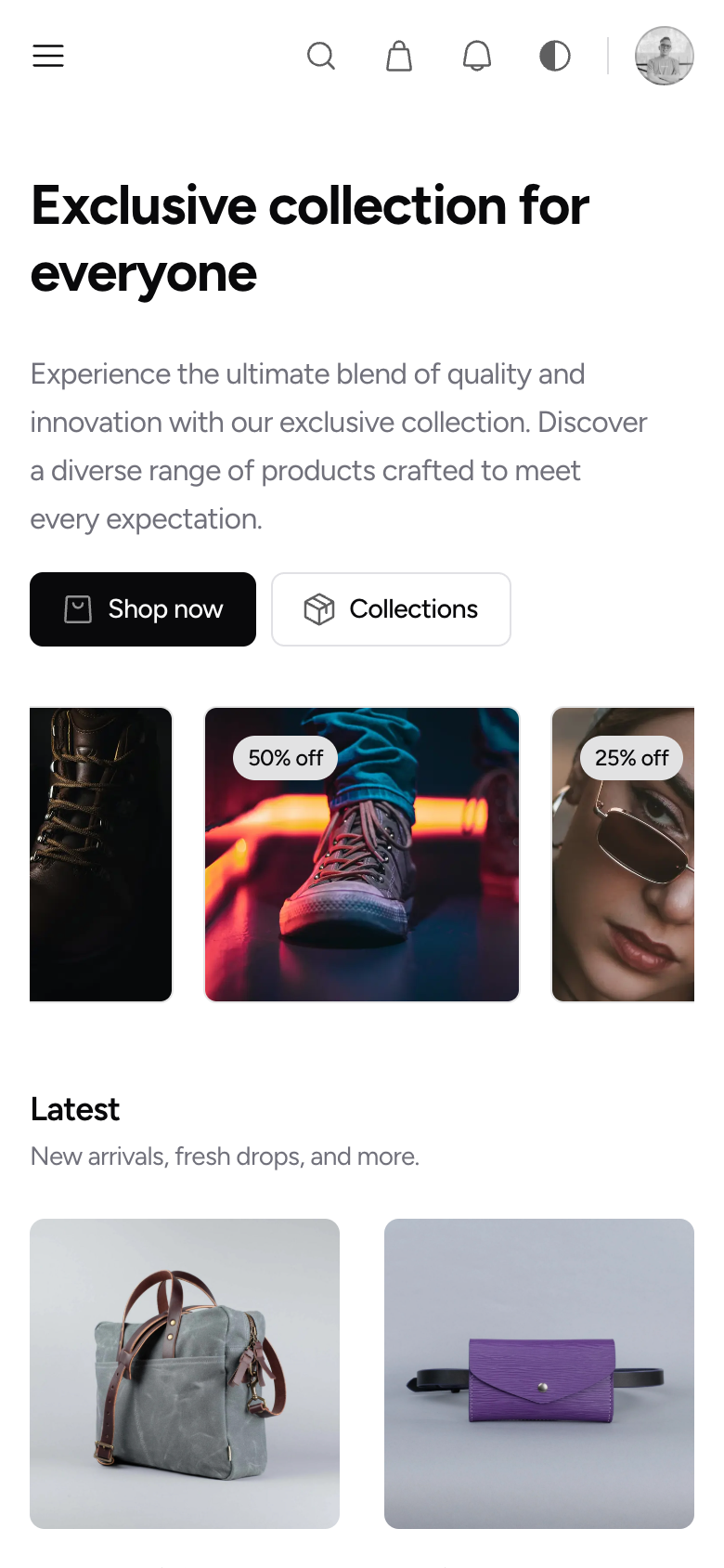 commerce template screenshot on mobile